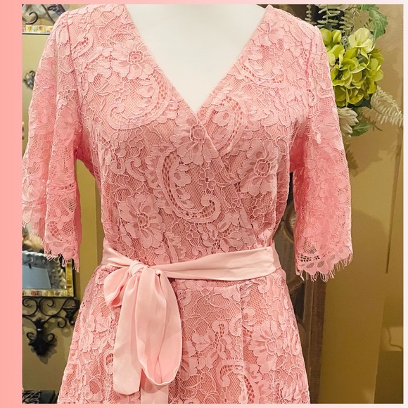 Francesca's pink lace romper long sleeve and shorts with belt and ties in back. - Picture 2 of 7